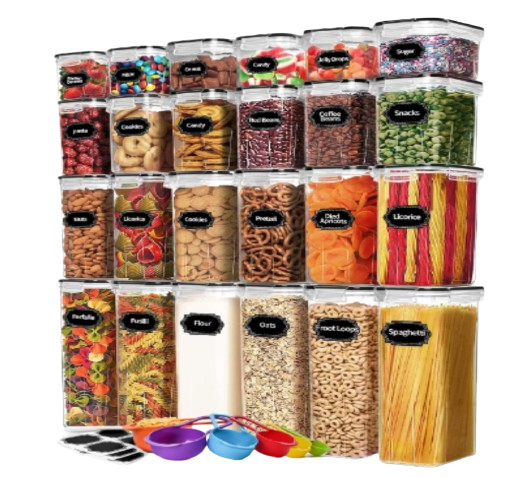 Skroam 24 Pack Airtight Food Storage Containers with Lids for Kitchen Pantry Organization and storage, BPA Free, Plastic Canister Set for Cereal, Pasta, Flour & Sugar - Spoon Set, Labels & Marker.